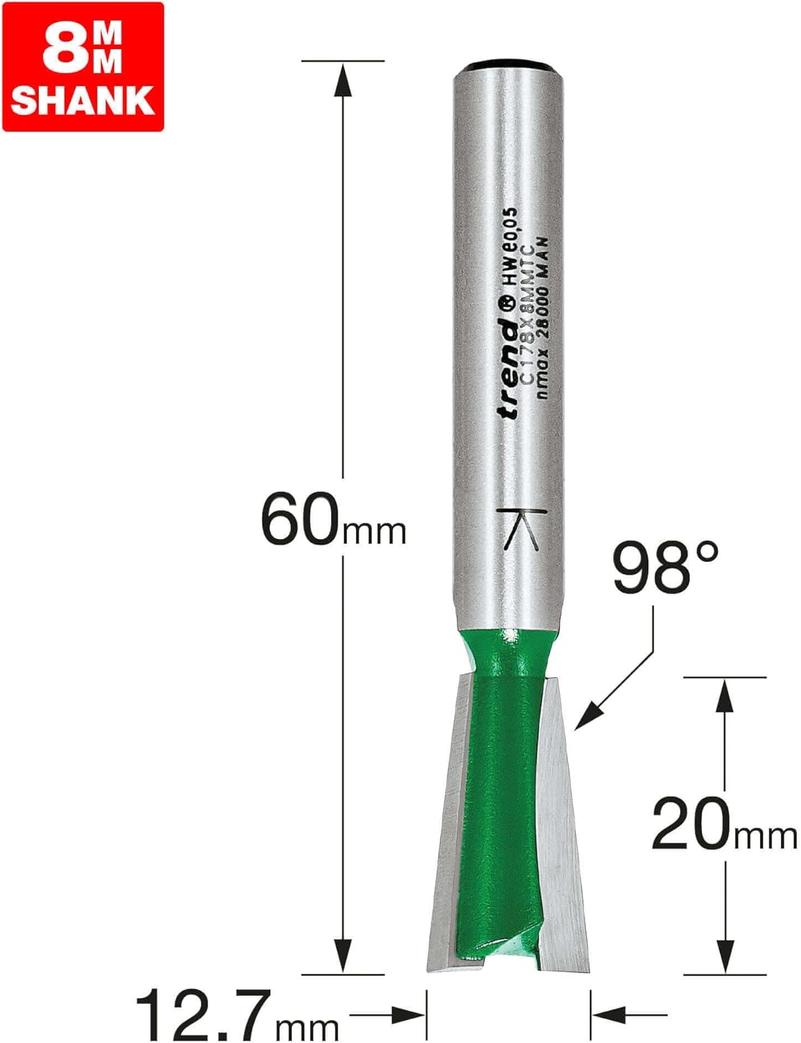 TREND CraftPro Schwalbenschwanzfräser, 8 mm Schaft, 12.7 mm Schnittdurchmesser, 98 Grad Winkel, 20 mm Schnittlänge, Hartmetallbestückt, C178X8MMTC – Bild 3