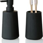 GAHEFY 2-teiliges Badezimmer-Accessoire-Set, Seifenspender mit 250 ml & Zahnputzbecher, Modernes Rillen-Design aus ABS-Kunststoff, für Waschbecken & Badablage (Schwarz)