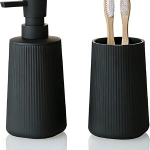 GAHEFY 2-teiliges Badezimmer-Accessoire-Set, Seifenspender mit 250 ml & Zahnputzbecher, Modernes Rillen-Design aus ABS-Kunststoff, für Waschbecken & Badablage (Schwarz)