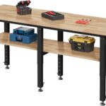 höhenverstellbare 2-teilige 183x61 cm Werkbank mit 4 AC-Steckdosen und 2 USB-Anschlüssen, belastbar bis 2722 kg, Massive Gummiholz-Arbeitsplatte, geeignet für Garage, Werkstatt und Büro