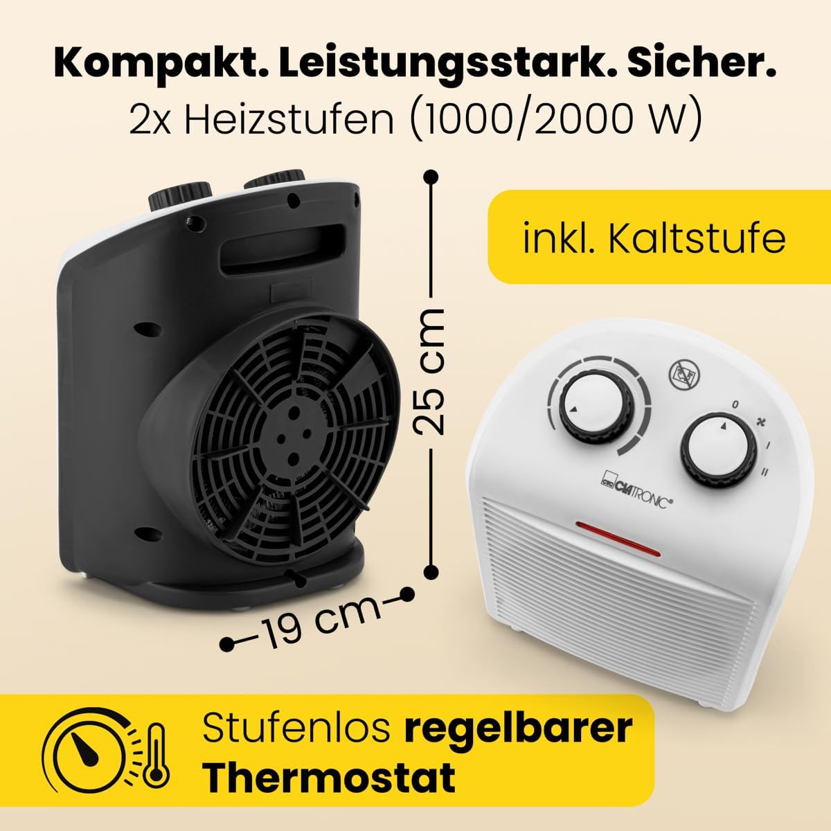 Clatronic Heizlüfter HL 3761, mobiler & kompakter Heizlüfter, 2 Heizstufen (1000/2000 W), Kaltstufe (Ventilator), stabiler Tragegriff, Grau-weiß, 263951 – Bild 3