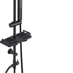 Görbach Regendusche Duschsystem Wassersparend, Edelstahl Duschset ohne Armatur mit Verstellbarer Duschstange, Kopfbrause 20x20 cm und Duschablage Schwarz