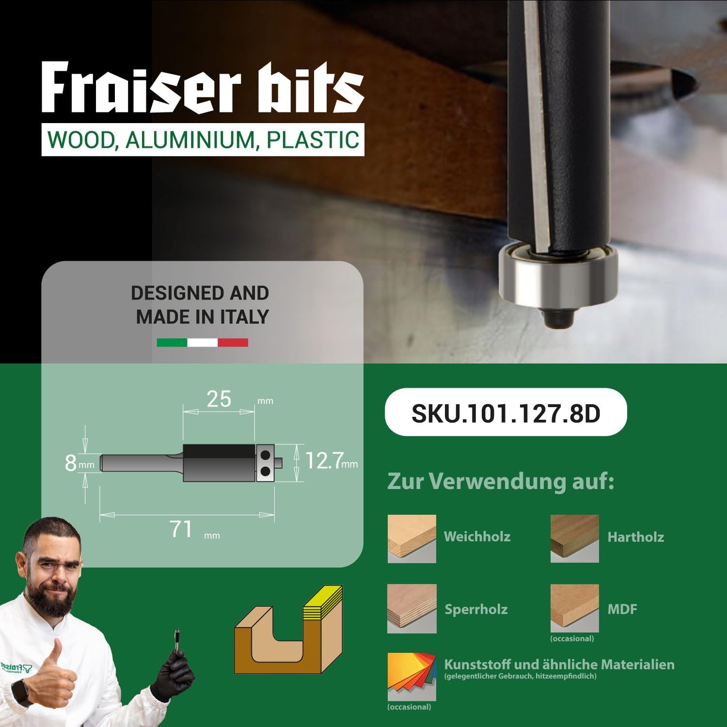 Fraiser Bündigfräser mit oberem Kugellager – 2 gerade Schneiden aus Hartmetall, Schneiddurchmesser 12,7mm, Schneidhöhe 25mm, Schaft 8mm – für Oberfräse und Kantenfräse – Bild 2