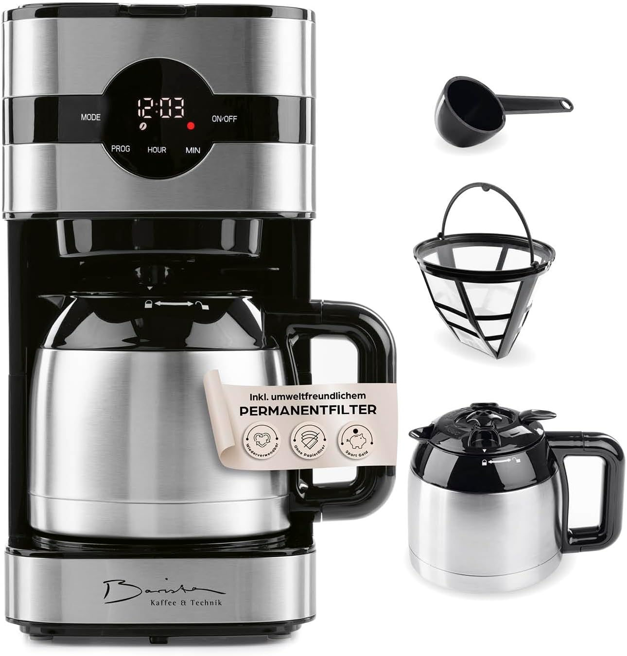 Barista Filterkaffeemaschine mit Thermokanne | 24h Timer & Permanentfilter | Für 8 Tassen Kaffee | Kaffeemaschine für Pulver [Edelstahl]
