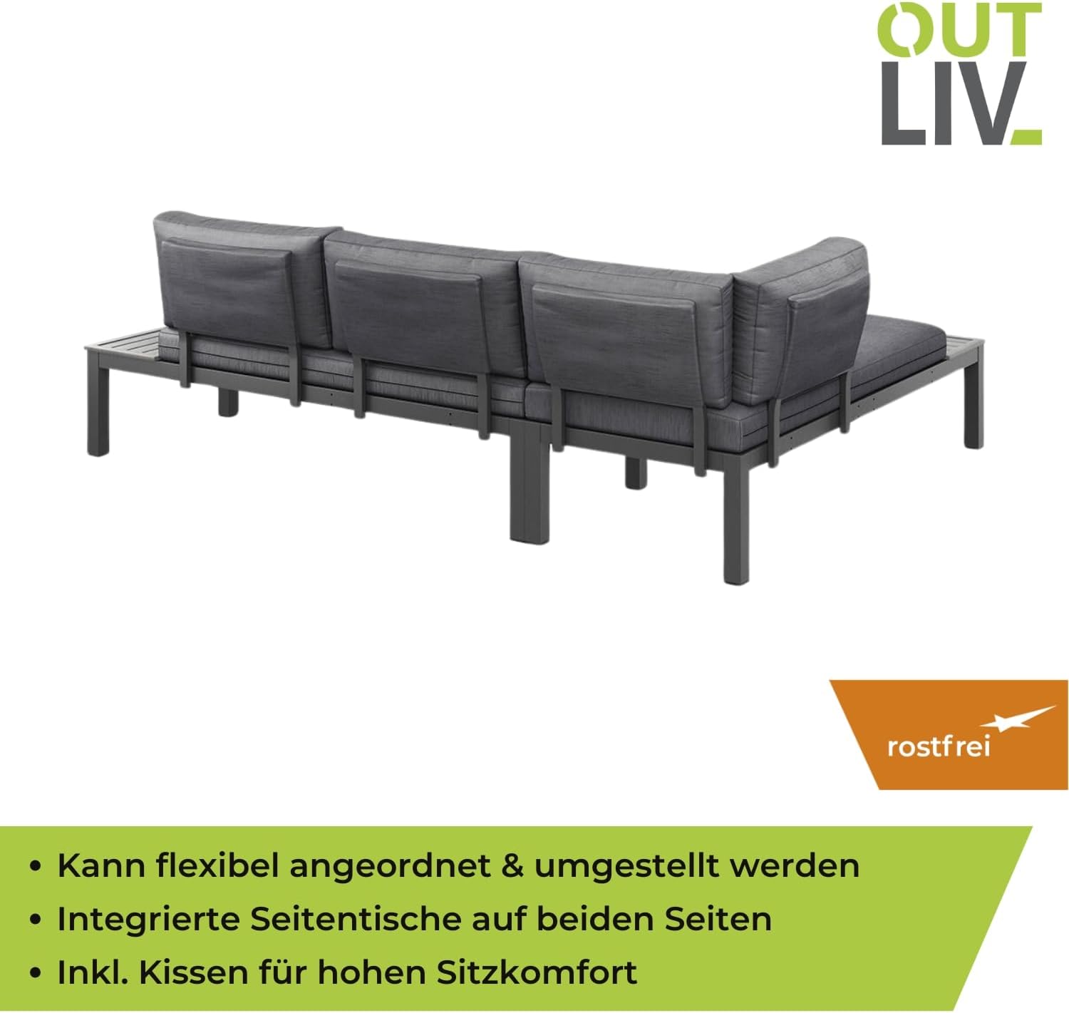 OUTLIV. Gartenlounge Morsum, Gartenmöbel-Set Aluminium, Wetterfest, pflegeleicht, beidseitig montierbar, inklusive Kissen, 164x238x69 cm, Grau – Bild 4