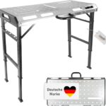 Lemodo Schweißtisch klappbar – Mobile Werkbank aus Stahl, 7-Fach höhenverstellbar, belastbar bis 450 kg, neigbare Arbeitsplatte, kompakt Faltbarer Werkzeugtisch für Werkstatt, Garage und Baustelle