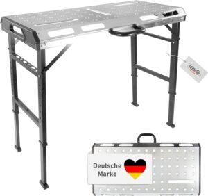 Lemodo Schweißtisch klappbar – Mobile Werkbank aus Stahl, 7-Fach höhenverstellbar, belastbar bis 450 kg, neigbare Arbeitsplatte, kompakt Faltbarer Werkzeugtisch für Werkstatt, Garage und Baustelle