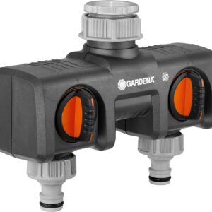 Gardena 2-Wege-Verteiler: Anschlussmöglichkeit für 2 Geräte an den Wasserhahn, passend zu Gardena Bewässerungscomputern & -uhren, Wasserdurchfluss regulier- und absperrbar (8193-20)