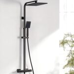 Auralum Regendusche Komplettset mit Thermostat, Duschsystem Schwarz, Duschgarnitur Messing Armatur, Quadratische Regendusche 25x25cm, Duschkopf 8x8cm, Edelstahl Duschstangen Höhenverstellbar 82-125cm
