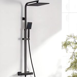 Auralum Regendusche Komplettset mit Thermostat, Duschsystem Schwarz, Duschgarnitur Messing Armatur, Quadratische Regendusche 25x25cm, Duschkopf 8x8cm, Edelstahl Duschstangen Höhenverstellbar 82-125cm