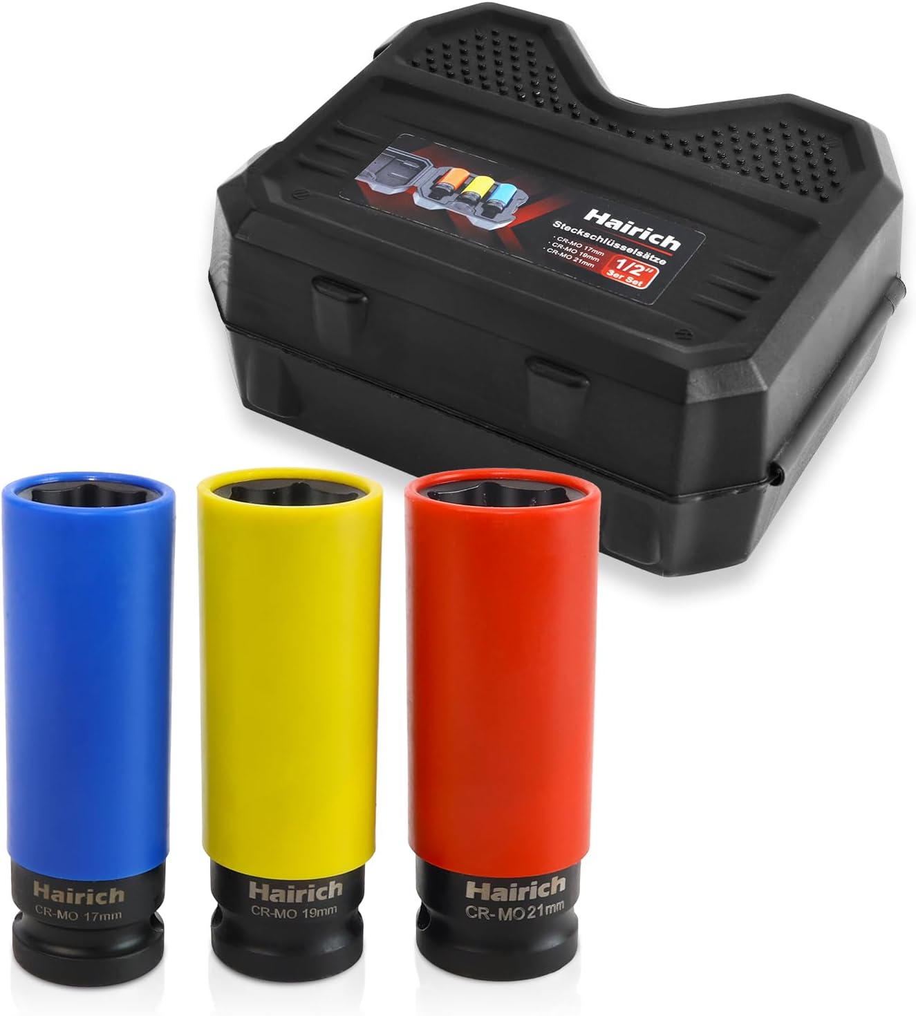 Hairich Schlagschrauber Nüsse 1/2" Set – Steckschlüsselsatz mit Felgenschutz für Radwechsel, 17/19/21 mm Langnüsse, Stecknuss Set für Alufelgen & Reifenwechsel