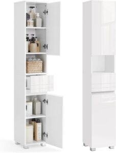 VASAGLE Badezimmerschrank, Badschrank, Badezimmermöbel mit Einer Schublade, verstellbare Ablagen, offenes Fach, 30 x 30 x 170 cm, wolkenweiß BBC560P31