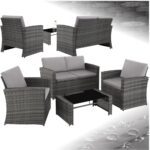 tectake Lounge Gartenmöbel Set Poly Rattan für den Garten, Möbel für den Balkon, 12-teilige Garten Lounge (wetterfest), Essgruppe mit Outdoor Sofa, Sessel und Tisch für 4 Personen (Grau/Hellgrau)