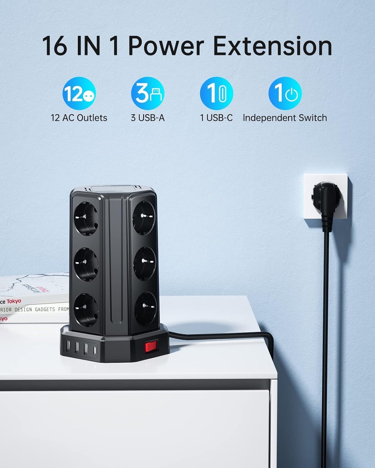 Sameriver 12 Fach Steckdosenleiste Steckerleiste mit 5M Verlängerungskabel,4 USB Mehrfachsteckdose mit Überspannungsschutz,Steckdosenturm Mehrfachstecker für Zuhause,Büro – Bild 3