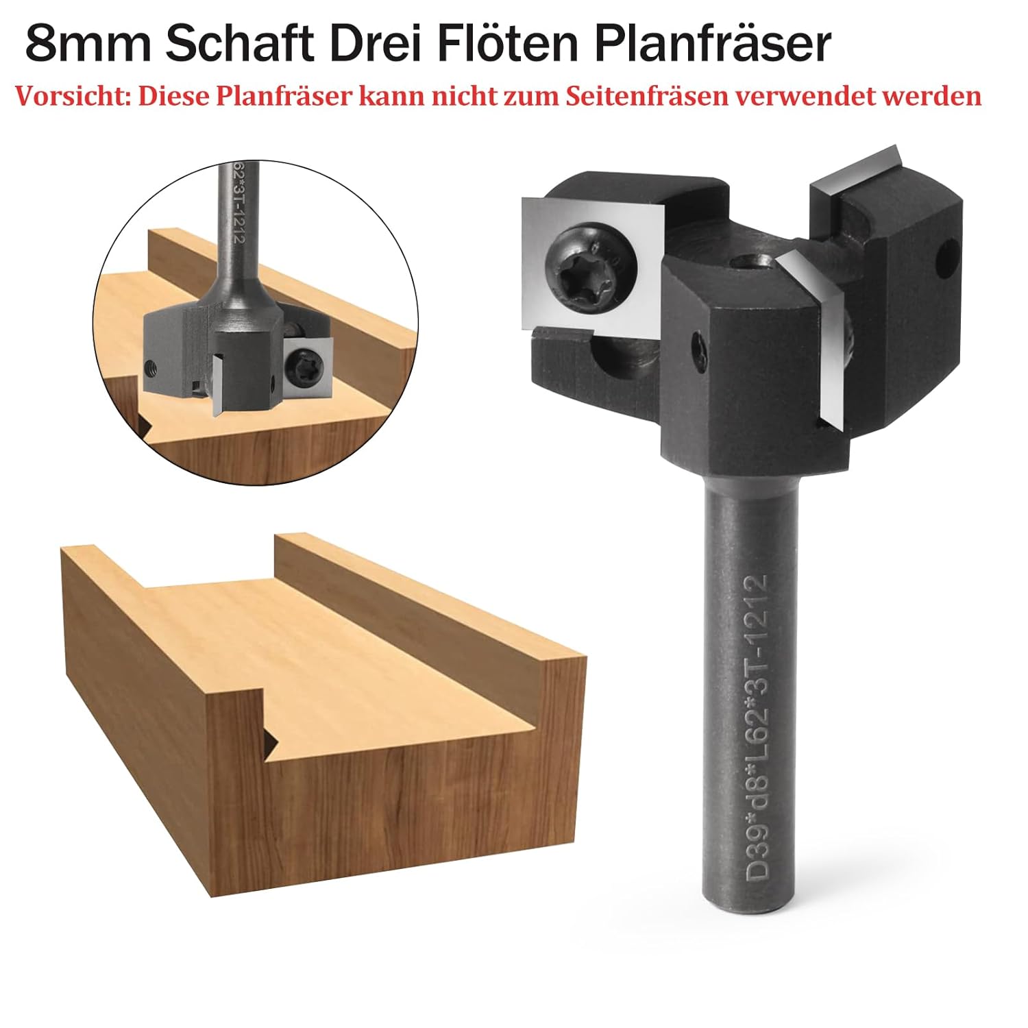 Planfräser 8mm Schaft 3 Flöten mit Austauschbaren Hartmetallmessern(12x12x1.5mm, 35°) für Holz Durchmesser 39mm, CNC Plattenfräser Reinigung Fräser für Oberfräse/CNC Maschinen(D=39 S=8) – Bild 3