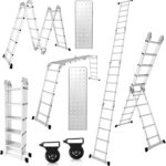 Mehrzweckleiter 4x5, 7in1 Multifunktionsleiter 582CM Alu Vielzweckleiter Klappleiter mit 2 Plattform und Räder, Haushaltsleiter Max Belastung 150kg, Multifunktionsleiter 20 Sprossen