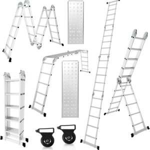 Mehrzweckleiter 4x5, 7in1 Multifunktionsleiter 582CM Alu Vielzweckleiter Klappleiter mit 2 Plattform und Räder, Haushaltsleiter Max Belastung 150kg, Multifunktionsleiter 20 Sprossen