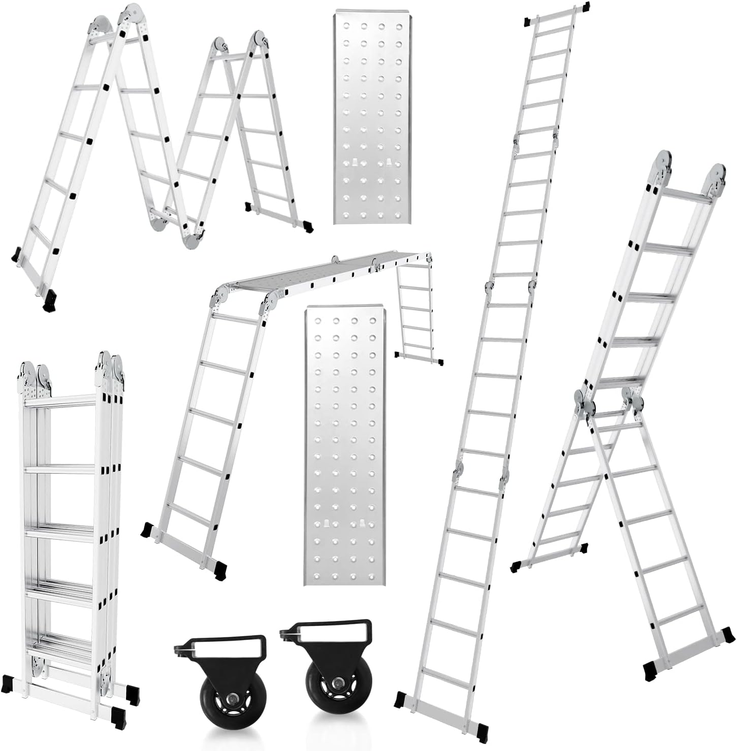 Mehrzweckleiter 4x5, 7in1 Multifunktionsleiter 582CM Alu Vielzweckleiter Klappleiter mit 2 Plattform und Räder, Haushaltsleiter Max Belastung 150kg, Multifunktionsleiter 20 Sprossen