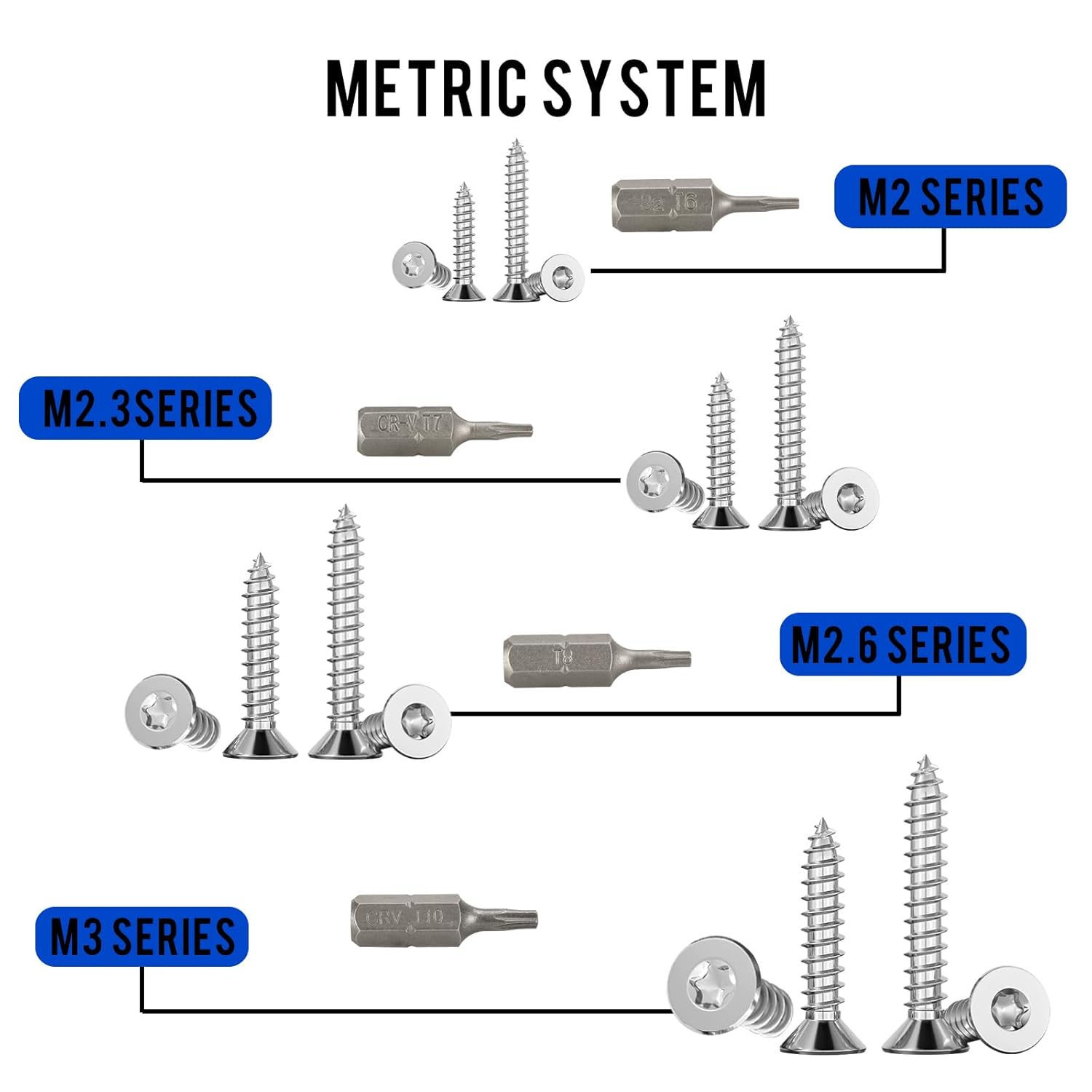 M2 M2,3 M2,6 M3 Blechschrauben Set,760 Stück Torx Selbstschneidende Schrauben,Holzbauschrauben Edelstahl Senkkopf-Torx-Selbstbohrschrauben,Kleine Schrauben Sortiment mit T6 T7 T8 T10 Bits. – Bild 4