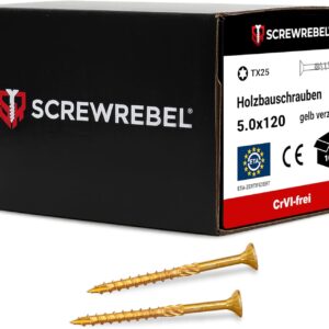 Holzbauschraube 5x120 mm - 100 Stück, gelb verzinkt, TX 25, Cut-Spitze, Reibteil, ETA | SCREW REBEL