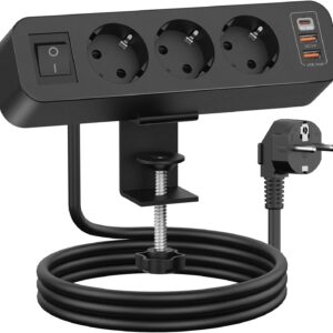 3 Fach Tischsteckdose mit 2 QC und Typ-C PD20W, 7 in 1 Mehrfachsteckdose 3 USB mit Schalter, Steckdosenleiste Schreibtisch mit 2M Kabel für Zuhause Büro