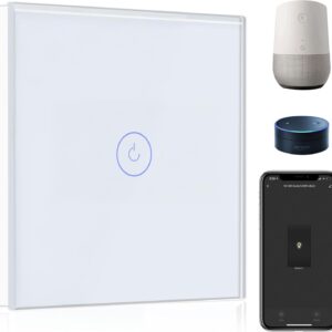 BSEED Smart Lichtschalter 1 Fach 1 Weg Wifi Smart Lichtschalter arbeitet mit Amazon Alexa and Google Home,Touch Wandschalte Glas Touchscreen-schalter Weiß, 2.4GHz(Erforderlich NeutralDraht)