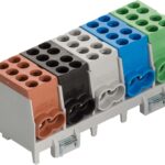 Pollmann Hauptleitungs Abzweigklemme 5 polig für Hutschiene - Strom Verteiler mit VDE, Braun / Grün / Schwarz / Blau / Grau, Kunststoff