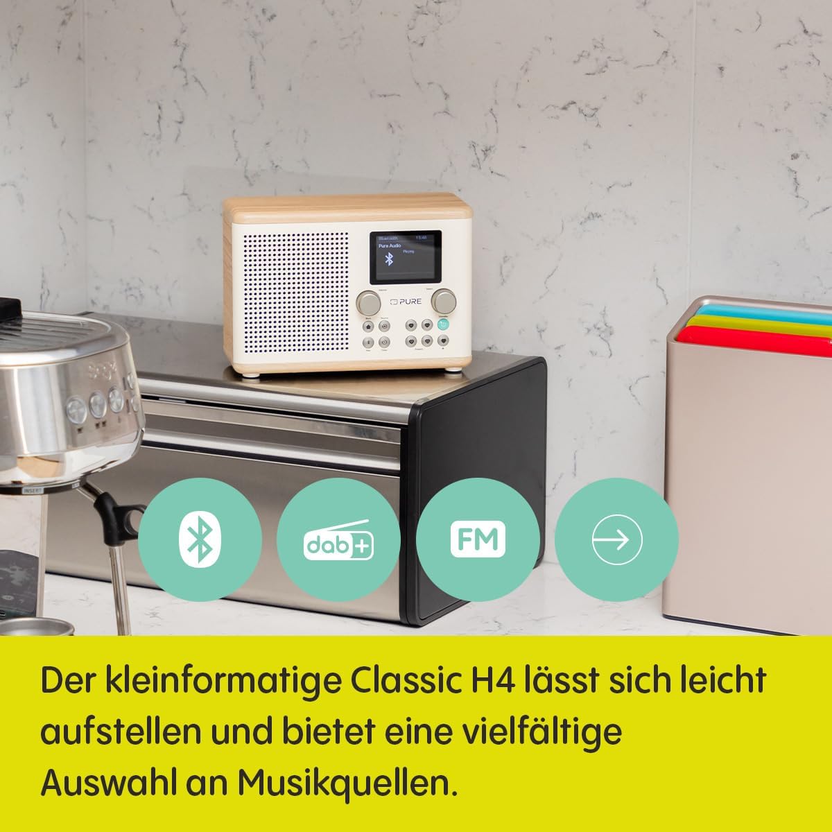 Pure Classic H4 DAB+ Radio – Digitalradio mit Bluetooth 5.3, 10W Lautsprecher, 2.4'' TFT‑Farbdisplay, Küchen‑Timer, Wecker, 80 Sender, AUX‑In, USB, stilvolles Küchenradio Baumwoll Weiß/Eiche – Bild 3