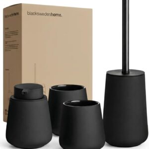 blackswedenhome. Badezimmer Set Schwarz - Hochwertiges Keramik Set - Seifenspender schwarzs, Zahnputzbecher, Toilettenbürste - Nordic Design, Badaccessoires matt, Seifenspender Bad