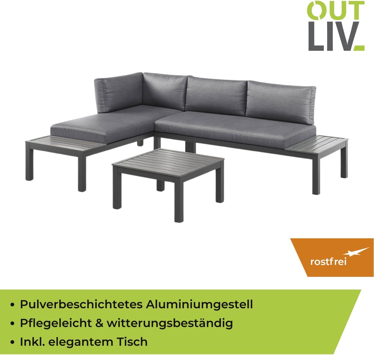 OUTLIV. Gartenlounge Morsum, Gartenmöbel-Set Aluminium, Wetterfest, pflegeleicht, beidseitig montierbar, inklusive Kissen, 164x238x69 cm, Grau – Bild 3
