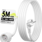 Qualitätskunststoff-Verlängerungskabel, 5 m Verlängerungskabel mit Schutzkontaktstecker Schuko, weißes Verlängerungskabel für den Innenbereich, 16 A/250 V, H05VV-F 3G1,5 mm², IP44