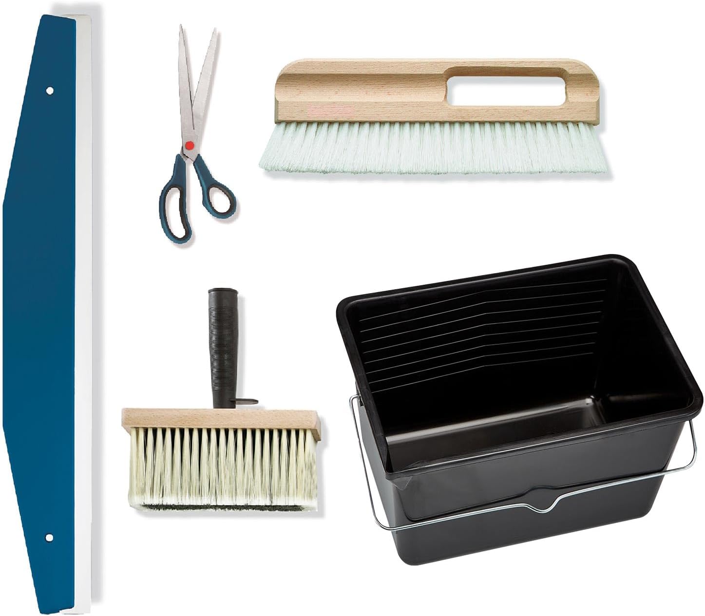 Tapezierset Vliestapete Tapezierwerkzeug Schneidehilfe, Tapzierschere, Tapezierwischer, Eimer, Quast, 5-teilig