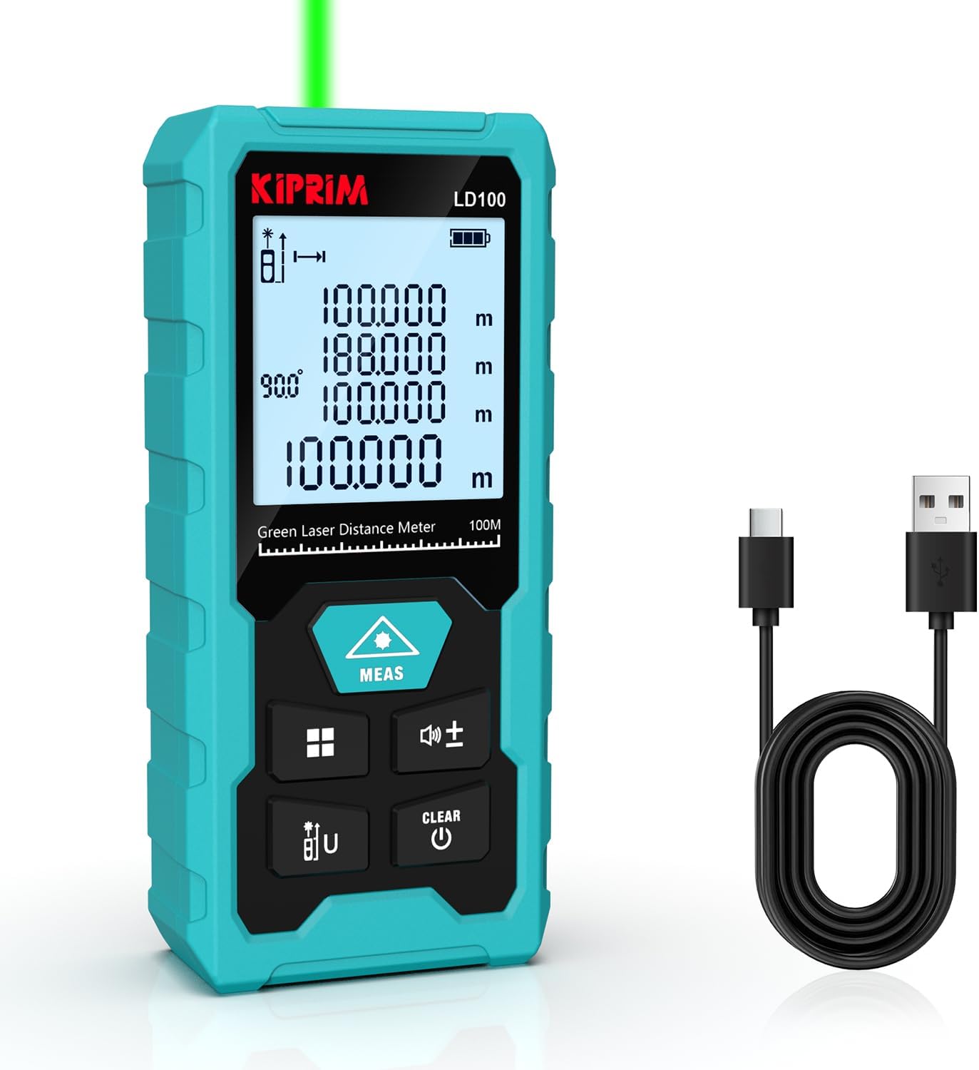Kiprim Laser-Entfernungsmesser Grün, 100 m Digitales Messgerät mit USB-Typ-C-Akku, ±2 mm Genauigkeit, Elektronische Libelle, 10 Messmodi, Klasse II Laser, Reflektorplatte, LD100