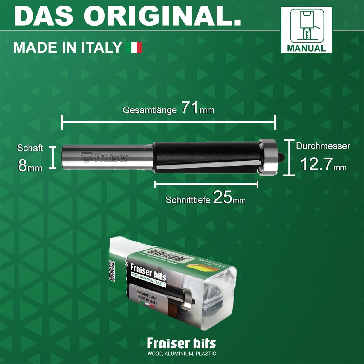 Fraiser Bündigfräser mit oberem Kugellager – 2 gerade Schneiden aus Hartmetall, Schneiddurchmesser 12,7mm, Schneidhöhe 25mm, Schaft 8mm – für Oberfräse und Kantenfräse – Bild 3