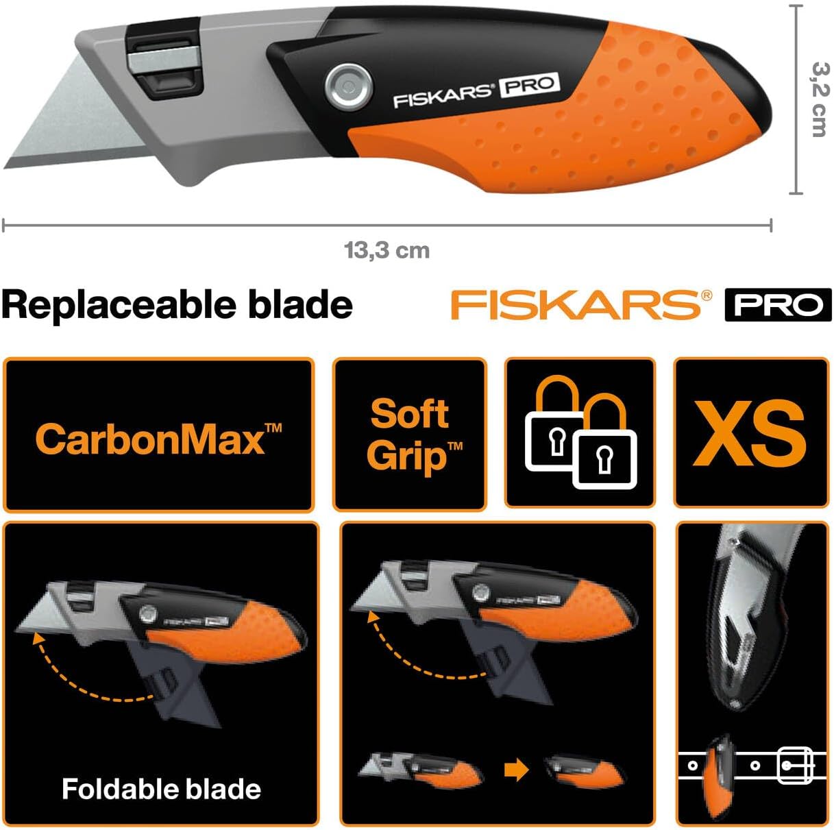 Fiskars Pro Kompaktes Universal-Klappmesser, Länge 12 cm, Rostfreier Stahl/Kunststoff, Schwarz/Orange, CarbonMax, 1062939 – Bild 2