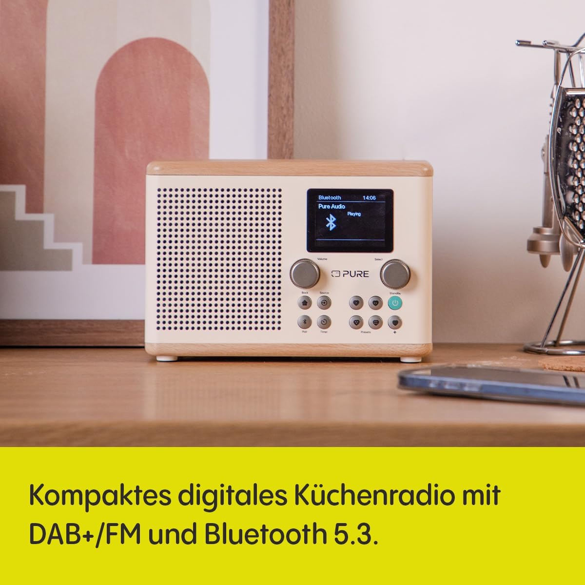 Pure Classic H4 DAB+ Radio – Digitalradio mit Bluetooth 5.3, 10W Lautsprecher, 2.4'' TFT‑Farbdisplay, Küchen‑Timer, Wecker, 80 Sender, AUX‑In, USB, stilvolles Küchenradio Baumwoll Weiß/Eiche – Bild 2