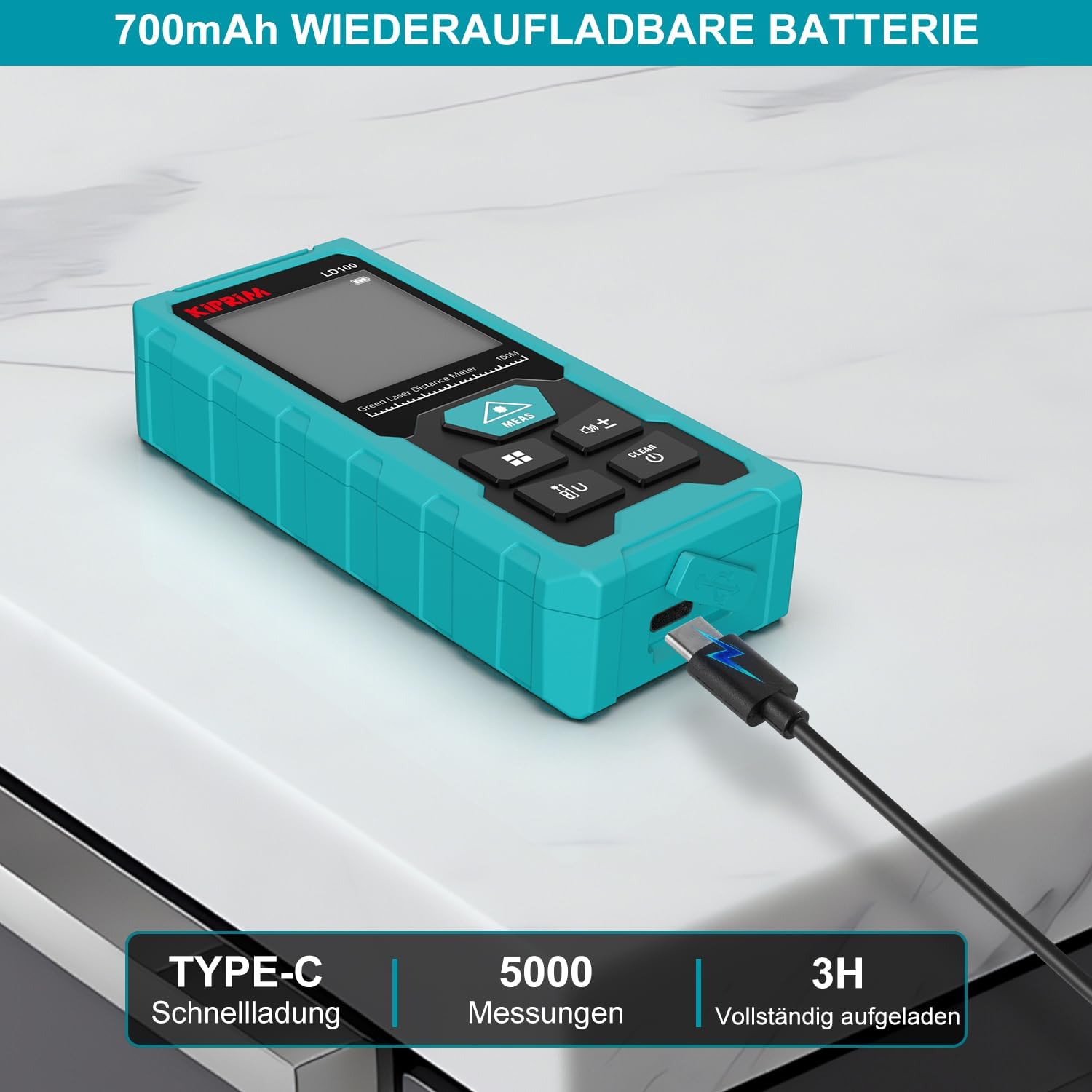 Kiprim Laser-Entfernungsmesser Grün, 100 m Digitales Messgerät mit USB-Typ-C-Akku, ±2 mm Genauigkeit, Elektronische Libelle, 10 Messmodi, Klasse II Laser, Reflektorplatte, LD100 – Bild 4