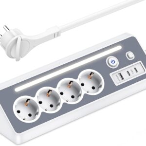 Steckdosenleiste mit 2 USB C, 4 Fach Flachstecker Mehrfachsteckdose Ecksteckdose mit LED, Mehrfachstecker Überspannungsschutz 3 USB Steckerleiste mit Schalter Ecksteckdosenleiste für Küche Büro, 3680W