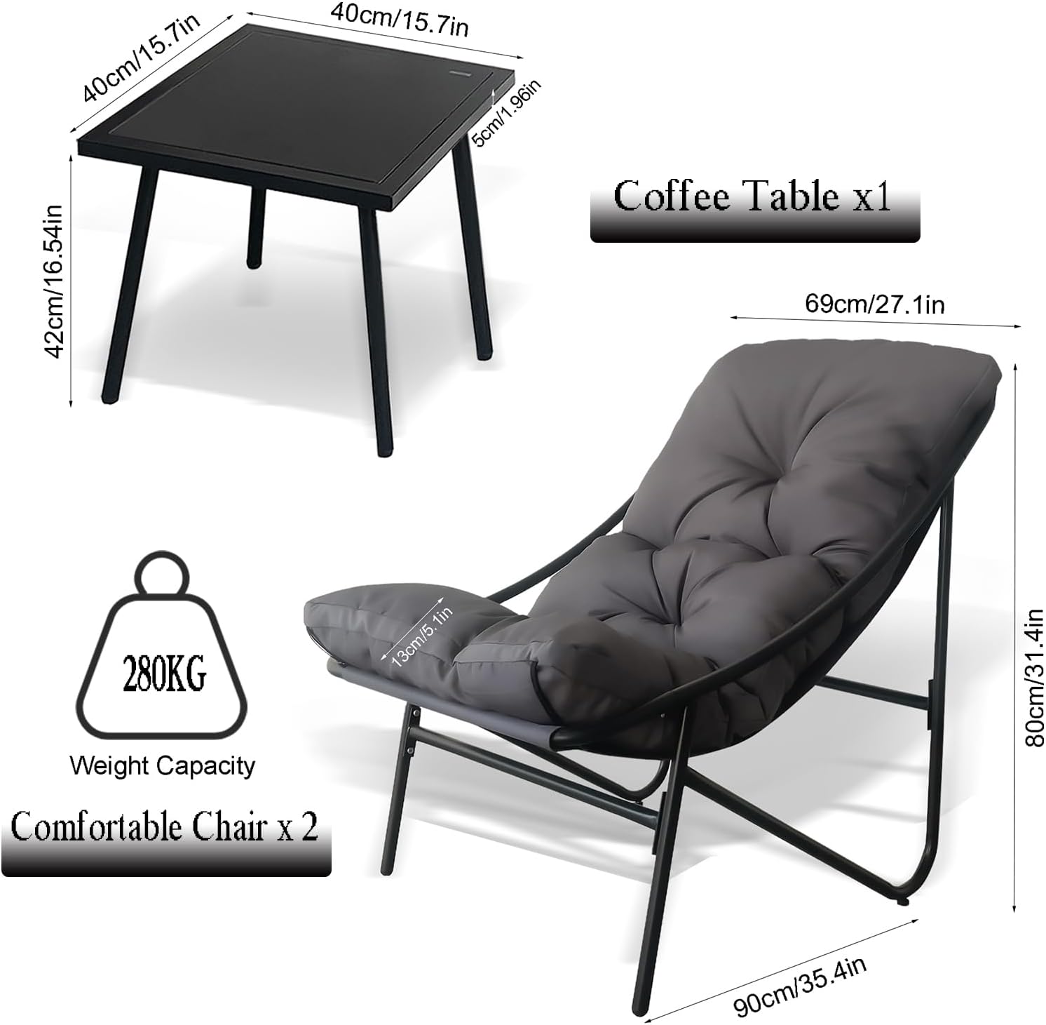 Gartenmöbel Set 3 teilig, Balkonmöbel Set, Balkonmöbel Kleiner Balkon mit Abnehmbar Kissen & Tisch, Lounge Gartenmöbel, Bequemer Balcony Furniture Sitzgruppe (grau) – Bild 2