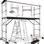 TecTake Gerüst, Leiter 4 in 1, Mobile Mehrzweckleiter, Arbeitsbühne, Baugerüst, Alu Gerüst, Rollgerüst mit Arbeitsplattform, Haushaltsleiter, belastbar bis max. 150 Kg - Silber