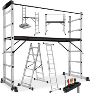 TecTake Gerüst, Leiter 4 in 1, Mobile Mehrzweckleiter, Arbeitsbühne, Baugerüst, Alu Gerüst, Rollgerüst mit Arbeitsplattform, Haushaltsleiter, belastbar bis max. 150 Kg - Silber