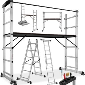 TecTake Gerüst, Leiter 4 in 1, Mobile Mehrzweckleiter, Arbeitsbühne, Baugerüst, Alu Gerüst, Rollgerüst mit Arbeitsplattform, Haushaltsleiter, belastbar bis max. 150 Kg - Silber