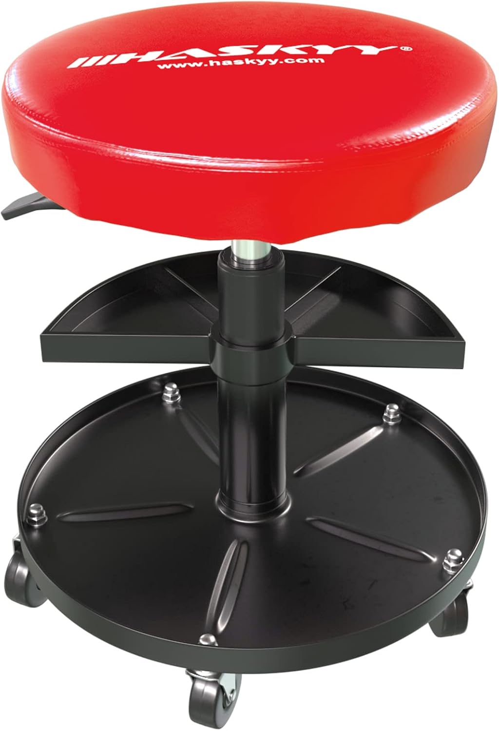 HASKYY Höhenverstellbar Werkstattstuhl Werkstatthocker Werkstattsitz Arbeits-Hocker-Stuhl-Sitz ROT mit 5 Rollen | ca. ø 40cm | 2 Ablagen | 430-580mm