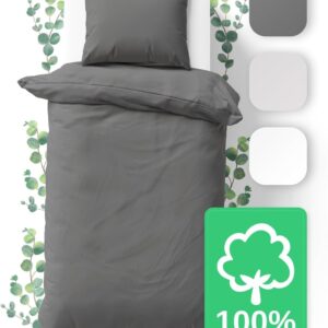 JACOBSON Bettwäsche 135x200 Set - 100% Baumwolle Bettbezug 135x200 cm + 1 Kissenbezug 80x80 cm, Perkal Bettwäsche 2-teilig mit Reißverschluss (135x200cm, Anthrazit, 2-teilig)