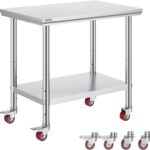 VEVOR Edelstahltisch 90 x 60 x 85 cm Küchentisch mit Tragkraft 136,08 kg, mit 4 Rollen, 3-Fach höhenverstellbar, robuster Vorbereitungstisch für die Lebensmittelzubereitung, Silber
