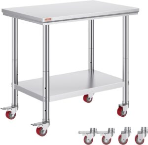 VEVOR Edelstahltisch 90 x 60 x 85 cm Küchentisch mit Tragkraft 136,08 kg, mit 4 Rollen, 3-Fach höhenverstellbar, robuster Vorbereitungstisch für die Lebensmittelzubereitung, Silber