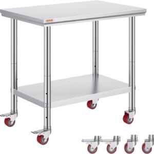 VEVOR Edelstahltisch 90 x 60 x 85 cm Küchentisch mit Tragkraft 136,08 kg, mit 4 Rollen, 3-Fach höhenverstellbar, robuster Vorbereitungstisch für die Lebensmittelzubereitung, Silber