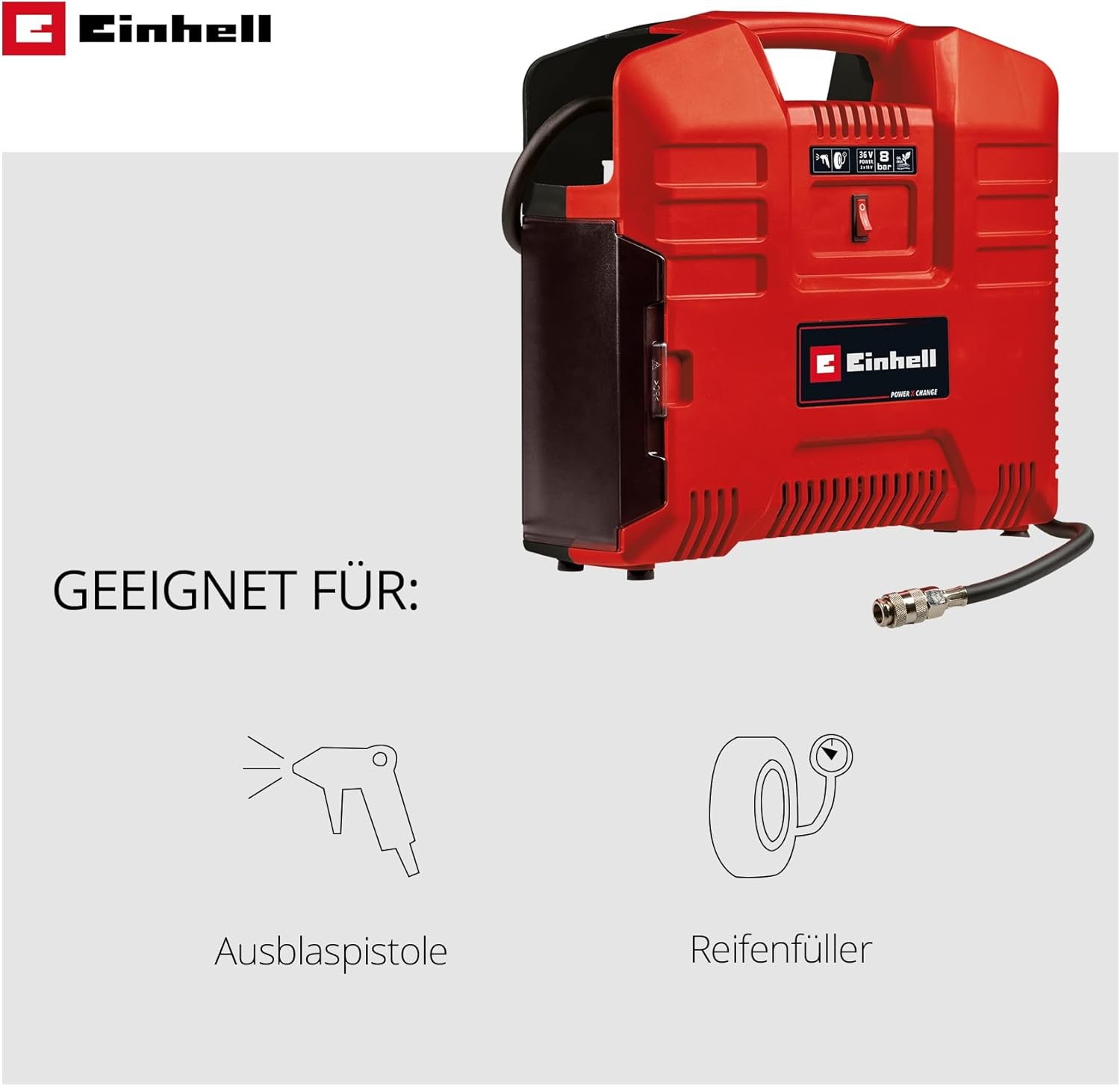 Einhell Akku-Koffer-Kompressor TE-AC 36/8 Li OF Set-Solo Power X-Change (36 V, max. 8 bar, ölfrei, Ansaugleistung 130 l/min, inkl. 3-tlg. Adapter-Set, ohne Akku & Ladegerät) – Bild 5