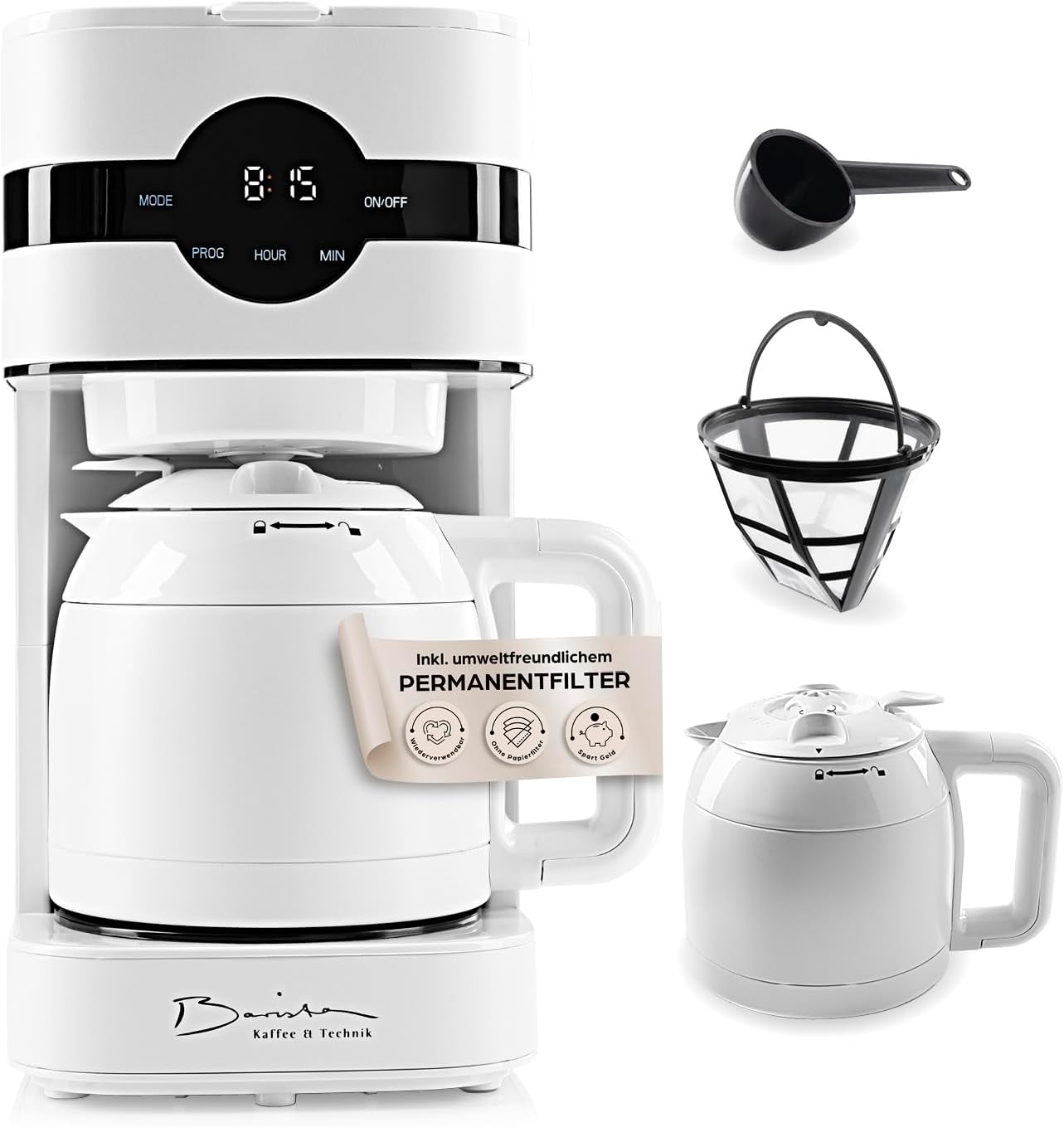 Barista Filterkaffeemaschine mit Isolierkanne | Filtermaschine mit Touchdisplay & Timerfunktion | Kaffeemaschine mit Permanentfilter & 900W | 1,25 Liter Wassertank für 8 Tassen Kaffee