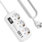 3 Fach Steckdose mit Überspannungsschutz Mehrfachsteckdose 4 USB(2 USB-C), Steckdose mit Schalter und 1,5M Kabel Steckdosenleiste Wandmontage für Heim Büro, Weiß